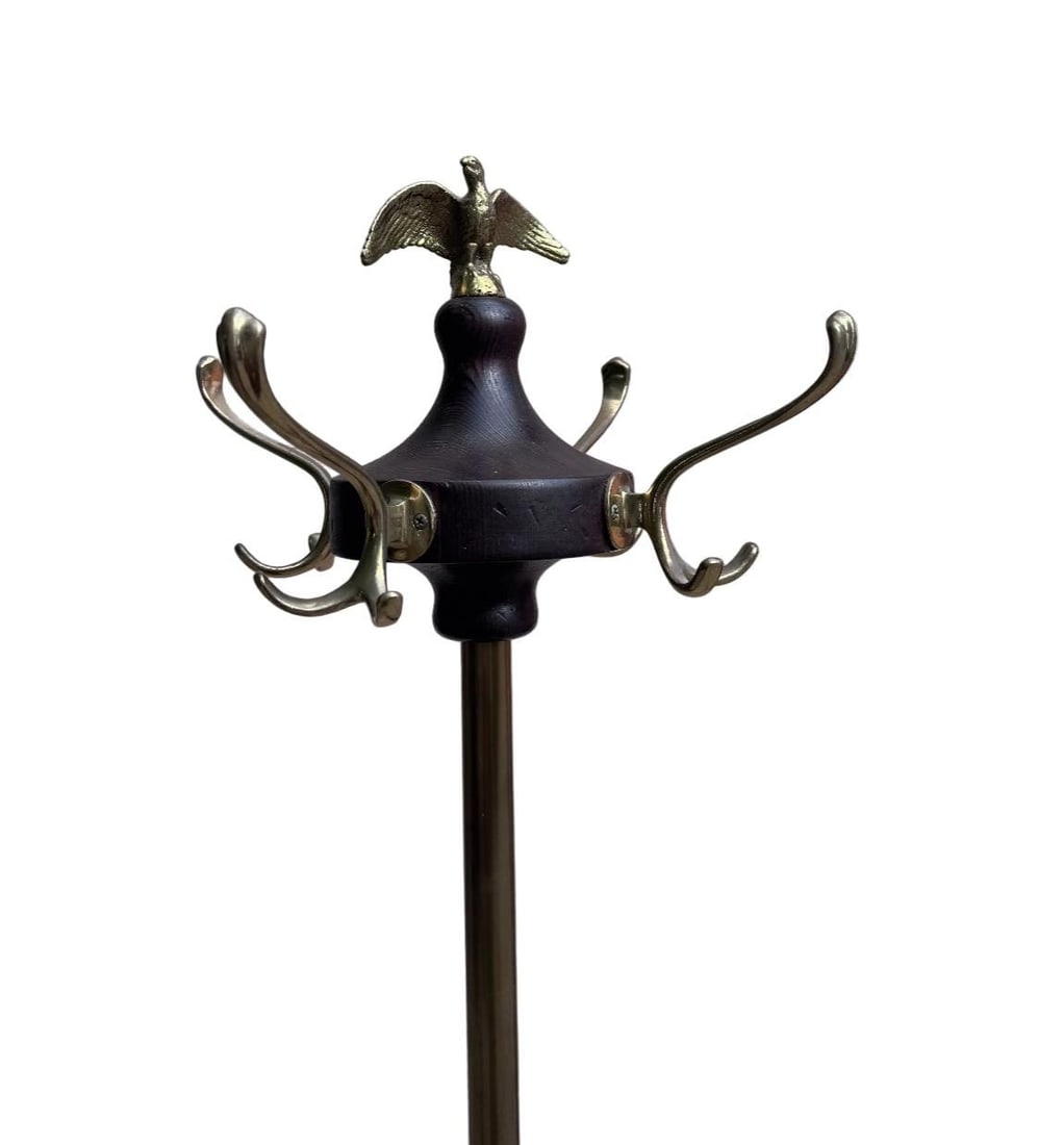 Antique Victorian Federal Style Brass, Wood and Wrought Iron Coat Rack with Eagle Finial - 8