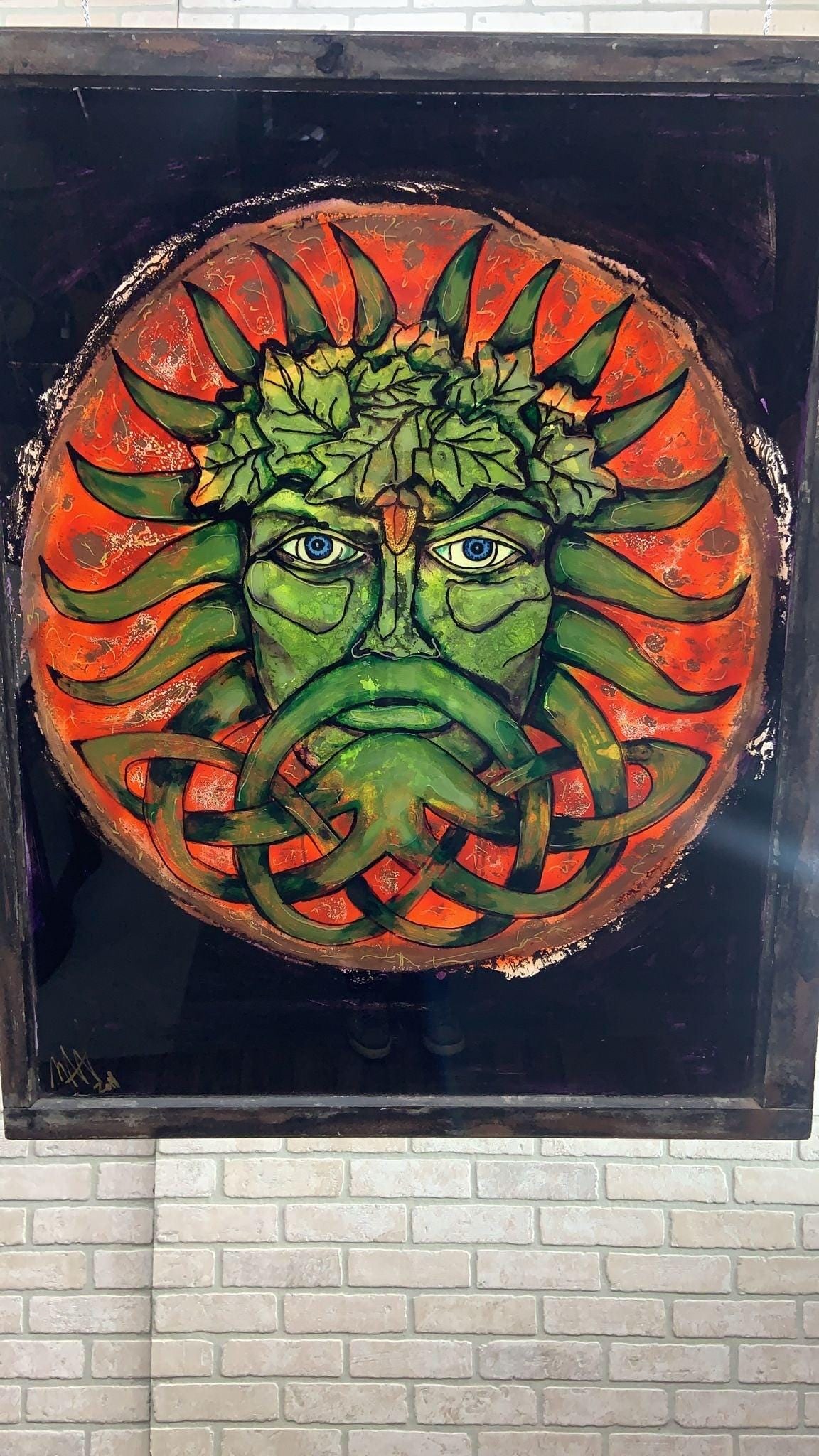 Vintage Reverse Painted Glass Hanging Wall Art with Male Figure Signed by Mark Narens - 4