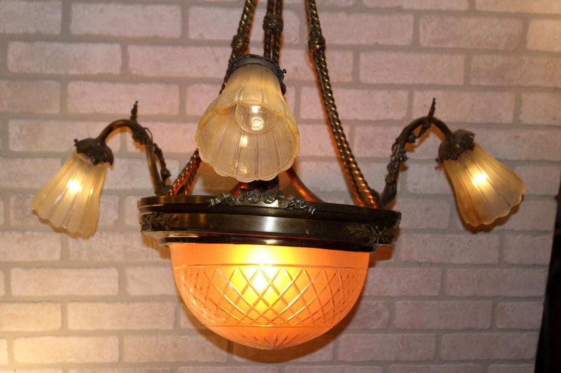 Antique Victorian Style French Gilded Bronze Three Arm Chandelier - 2