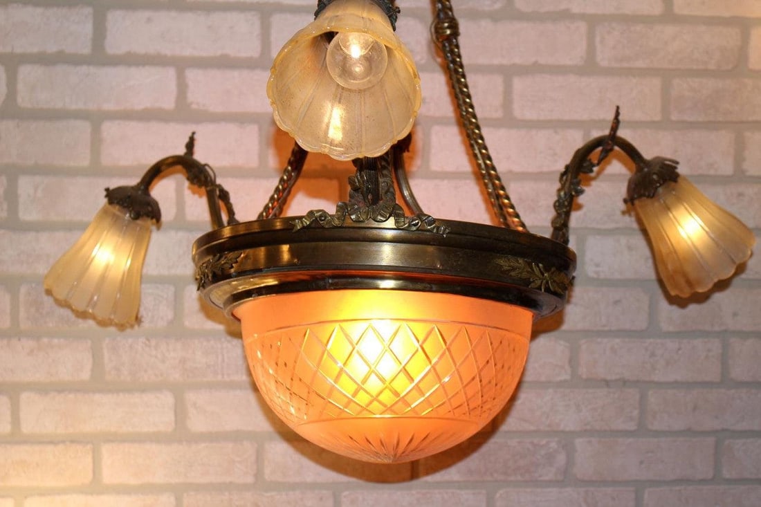 Antique Victorian Style French Gilded Bronze Three Arm Chandelier - 4