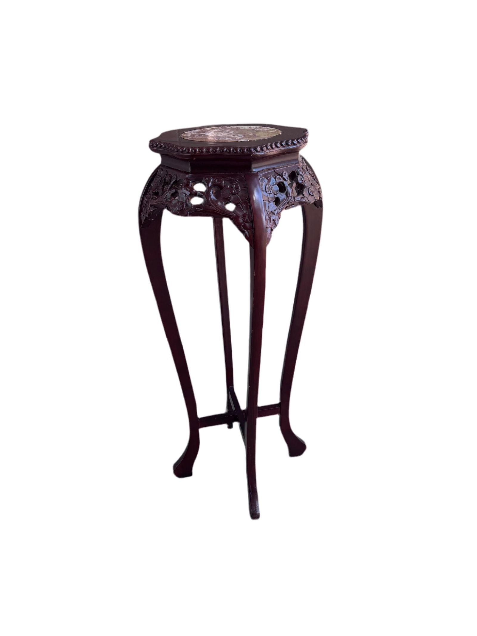 Antique Chinese Carved Marble Top Rosewood Pedestal Stand Table - 2