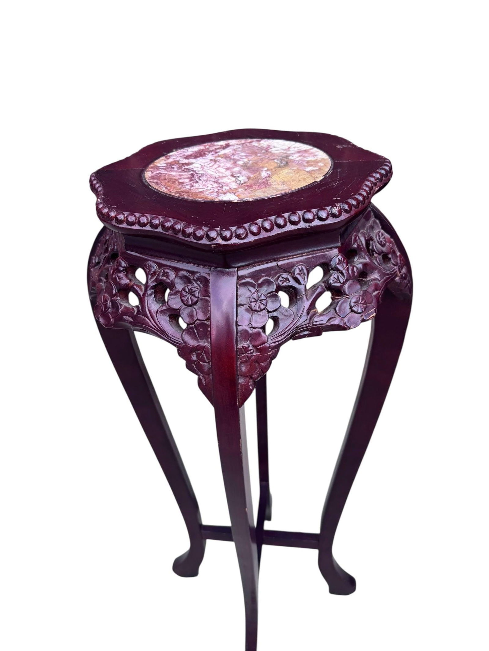 Antique Chinese Carved Marble Top Rosewood Pedestal Stand Table - 5