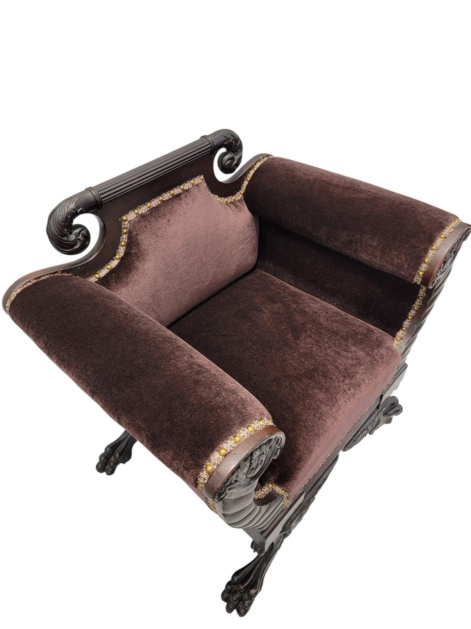 American Empire Mahogany Lounge Chair Newly Reupholstered in Mohair - 4