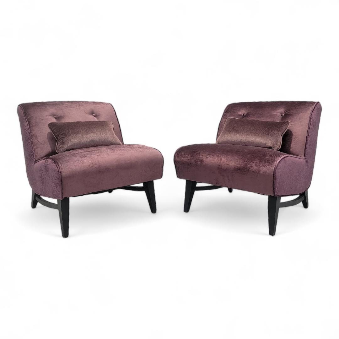MCM Slipper Chairs Newly Reupholstered - Pair: Title: MCM Slipper Chairs Newly Reupholstered - Pair Description: Mid Century Modern Slipper Chairs Newly Reupholstered in a High End "Red Raspberry" Velvet - PairThis vintage modern slipper chairs