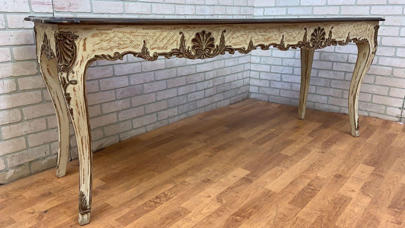 Vintage French Provincial Hand Carved Console Table with Cherry Wood Top - 7