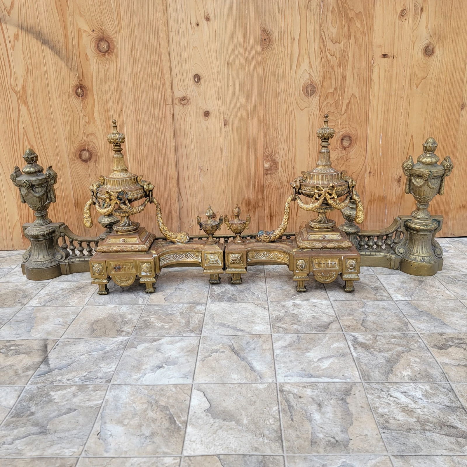 Antique French Louis XVI Style Bronze Cast Urn Festoon Andirons Fireplace Front Fender, Set - 3