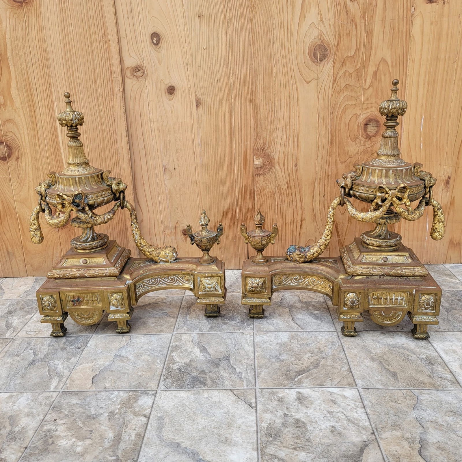 Antique French Louis XVI Style Bronze Cast Urn Festoon Andirons Fireplace Front Fender, Set - 4