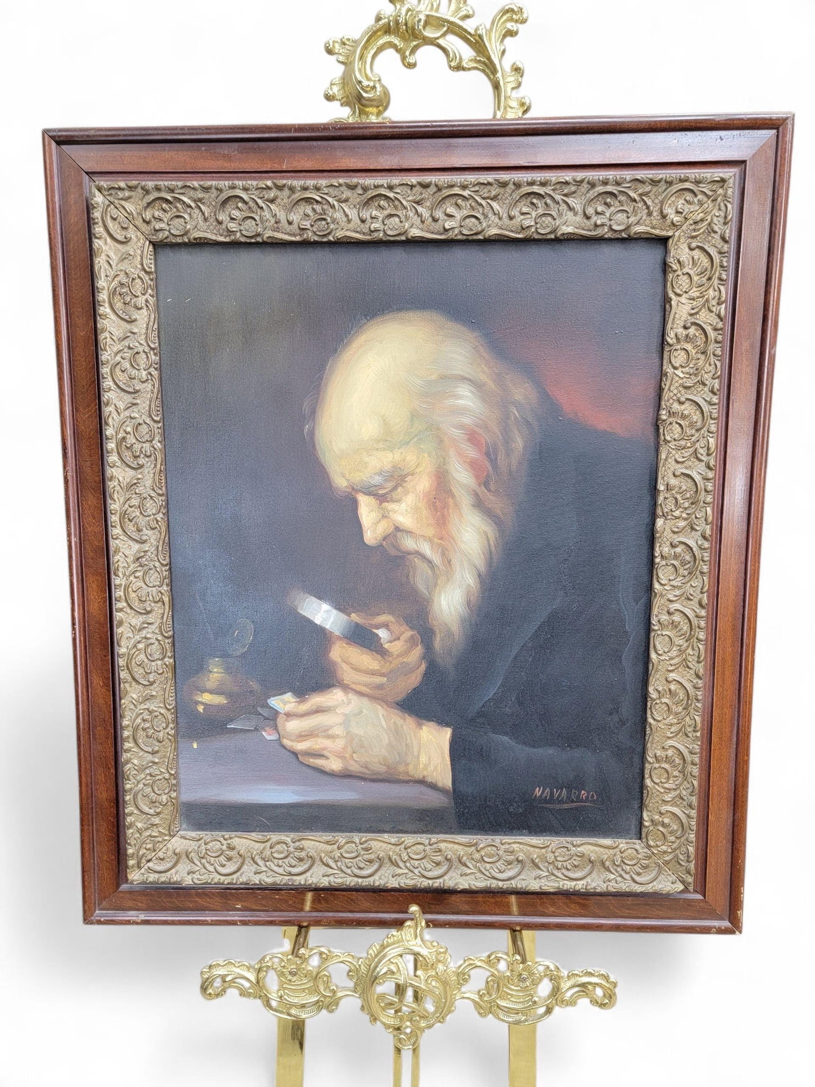 Antique Painting in Style of ”The Collector”, Signed by Navarro: Title: Antique Painting in Style of ”The Collector”, Signed by Navarro Description: Antique ”The Collector” Painting Signed by Navarro The painting depicts an older, balding