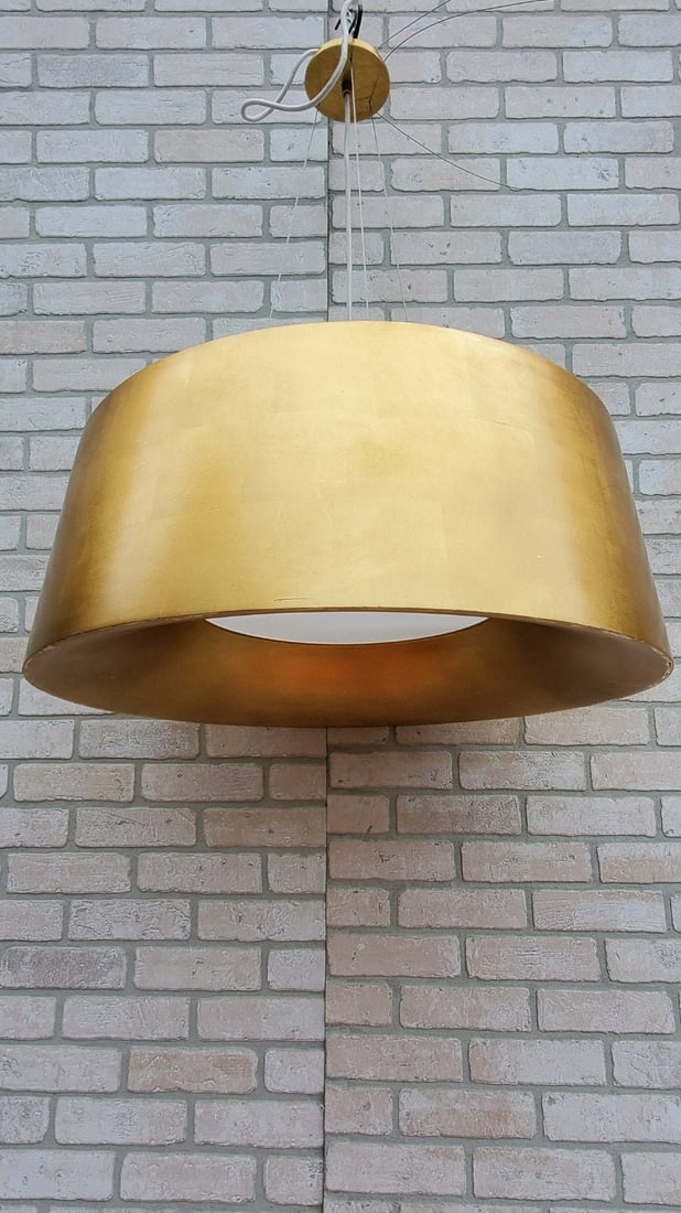 Barbara Barry Halo Gold Ceiling Chandelier: Title: Barbara Barry Halo Gold Ceiling Chandelier Description: Barbara Barry Halo 3 Light Gold Gild Shade Ceiling Light Made To Give a Gorgeous Natural Patina Over Time Circa 21st Century Dimensions