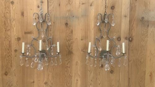 Vintage Dennis & Leen French Louis Style Crystal Beaded 3 Light Wall Sconces - Pair: Title: Vintage Dennis & Leen French Louis Style Crystal Beaded 3 Light Wall Sconces - Pair Description: Vintage Dennis & Leen French Louis XIV Styled Large Iron & Crystal Beaded 3 Light Wall Sconces