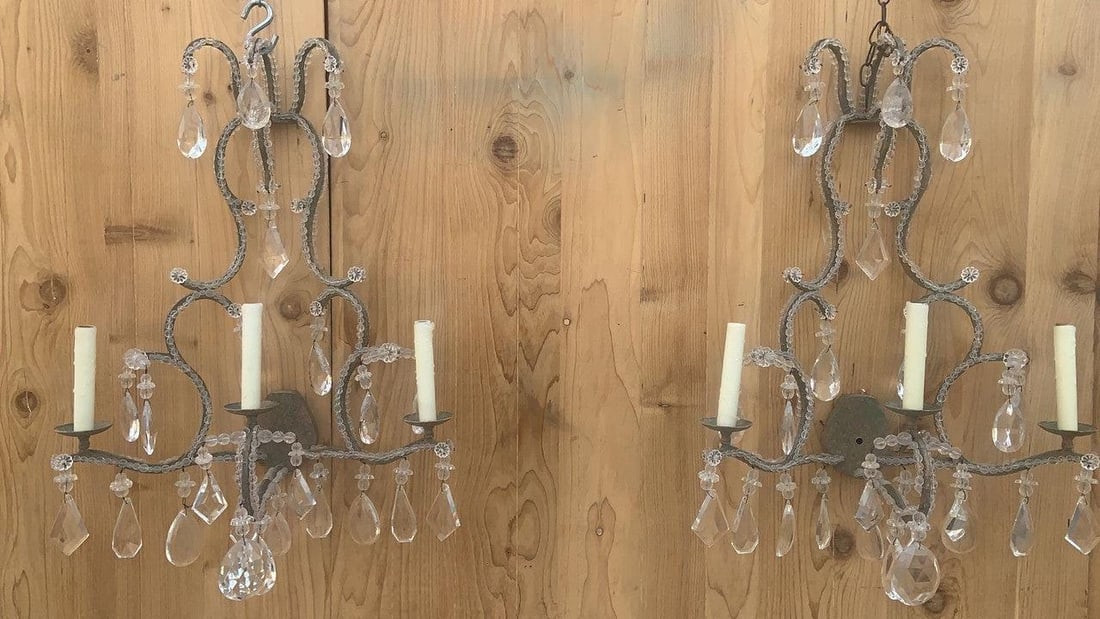 Vintage Dennis & Leen French Louis Style Crystal Beaded 3 Light Wall Sconces - Pair - 5