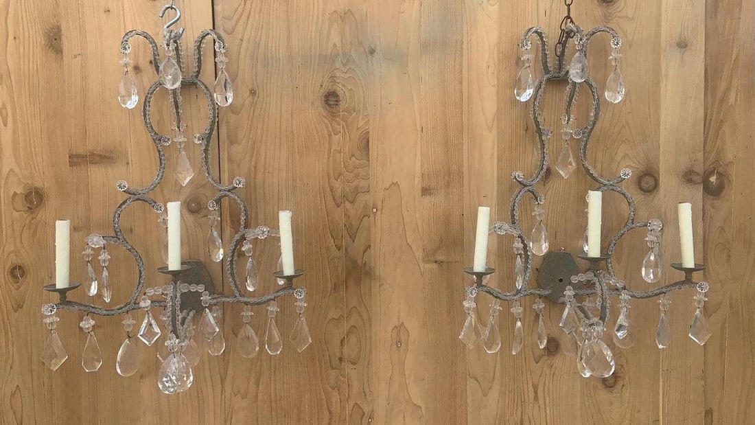 Vintage Dennis & Leen French Louis Style Crystal Beaded 3 Light Wall Sconces - Pair - 7
