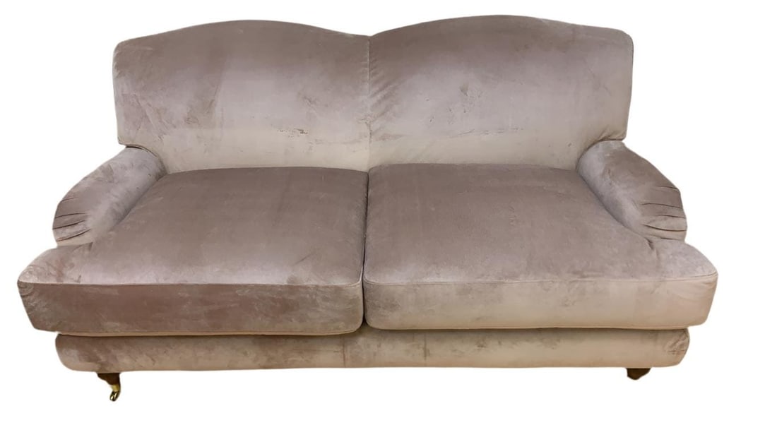 Vintage Rolled Arm Sydney Sofa: Title: Vintage Rolled Arm Sydney Sofa Description: Vintage Rolled Arm Sydney Sofa in "Pink-Rose" Velvet This gorgeous vintage oversized rolled arm Sydney sofa would be a beautiful addition to your