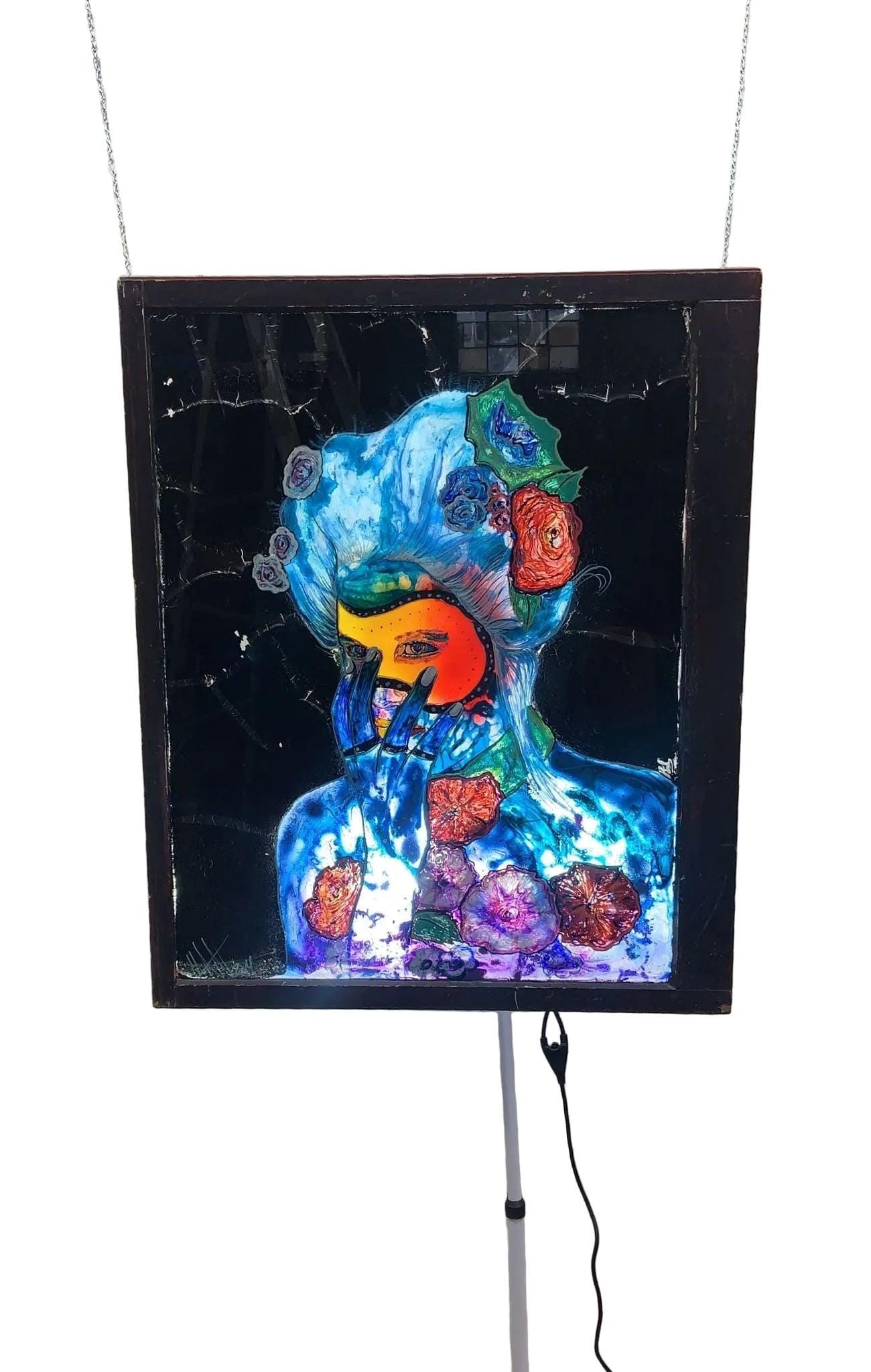 Vintage Reverse Painted Glass Hanging Wall Art: Title: Vintage Reverse Painted Glass Hanging Wall Art Description: Vintage Reverse Painted Glass Hanging Wall Art with Female Figure Signed by Mark NarensFeaturing a stunning piece of vintage wall