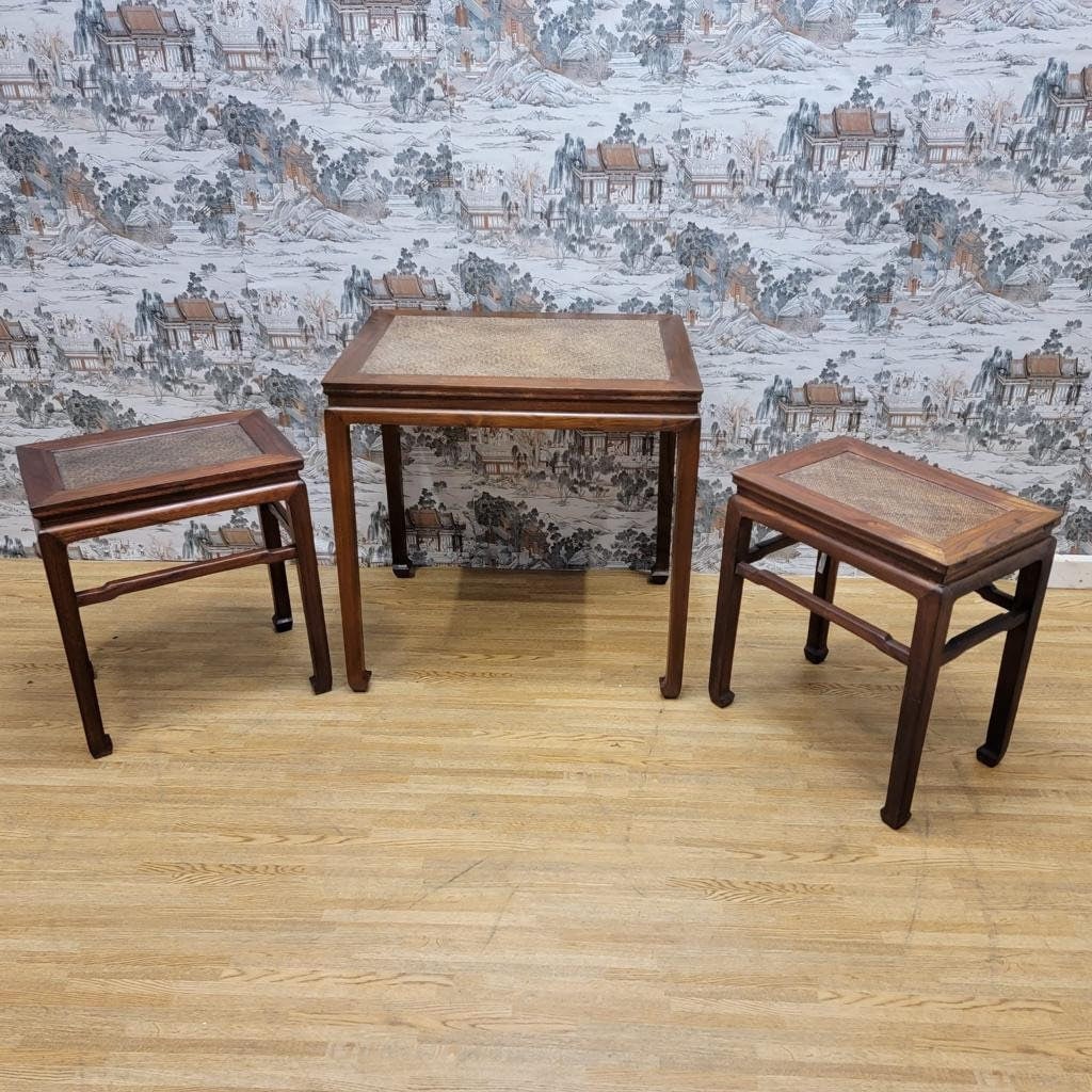 Vintage Shanxi Province Elmwood Wicker Rattan End/Side Tables - Set of 3 (1 of 8)