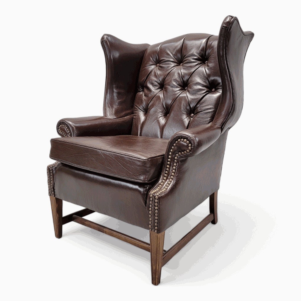 Vintage English Chesterfield Style Wingback Chair Newly Upholstered in Leather (1 of 7)