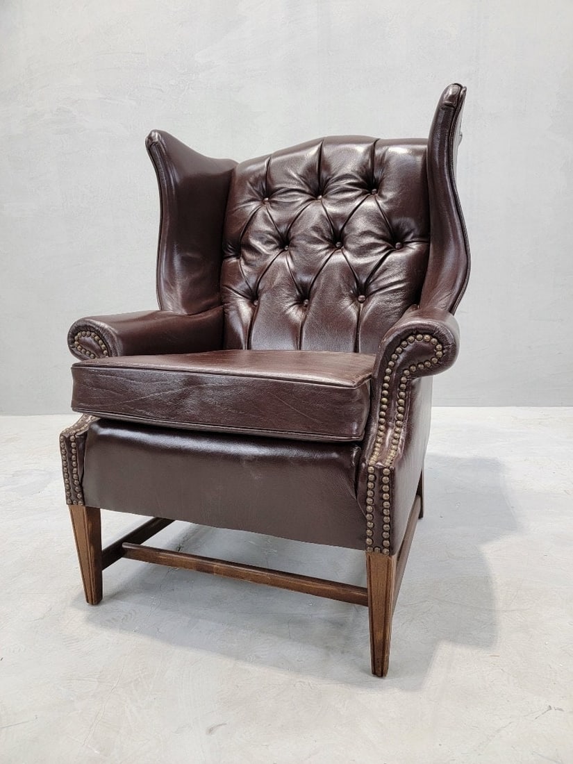 Vintage English Chesterfield Style Wingback Chair Newly Upholstered in Leather - 4