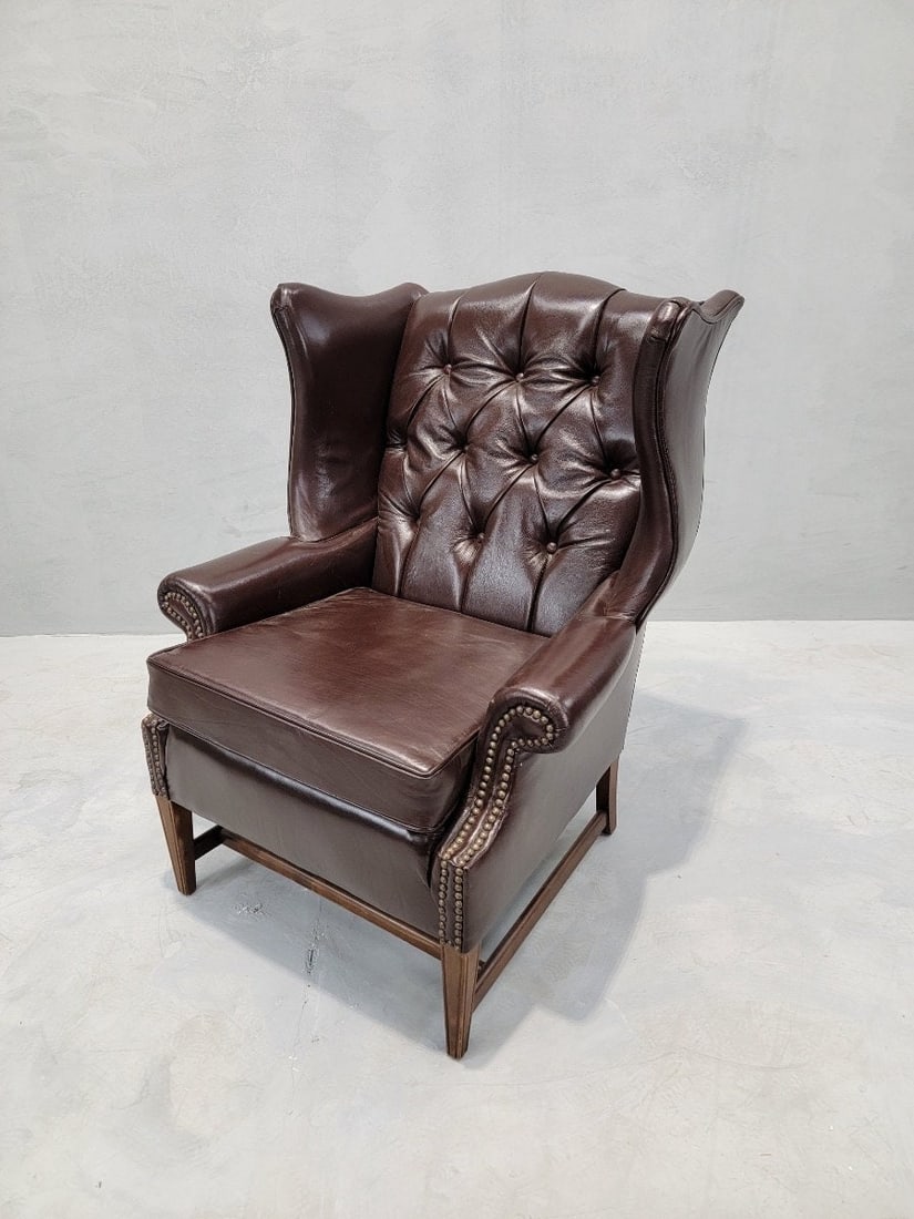 Vintage English Chesterfield Style Wingback Chair Newly Upholstered in Leather - 7