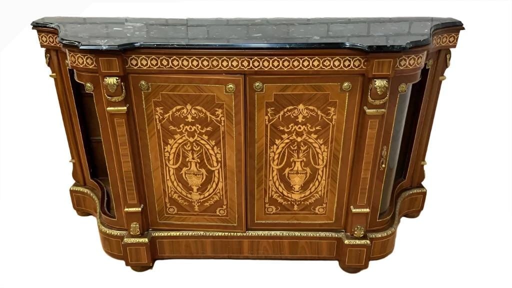 Vintage French Louis XVI Style Inlaid Serpentine Marble Top Credenza: Title: Vintage French Louis XVI Style Inlaid Serpentine Marble Top Credenza Description: Vintage French Louis XVI Style Inlaid Serpentine Marble Top Credenza This gorgeous ornate French Louis XVI Styl