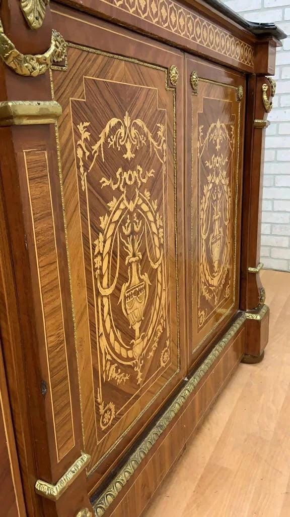 Vintage French Louis XVI Style Inlaid Serpentine Marble Top Credenza - 8