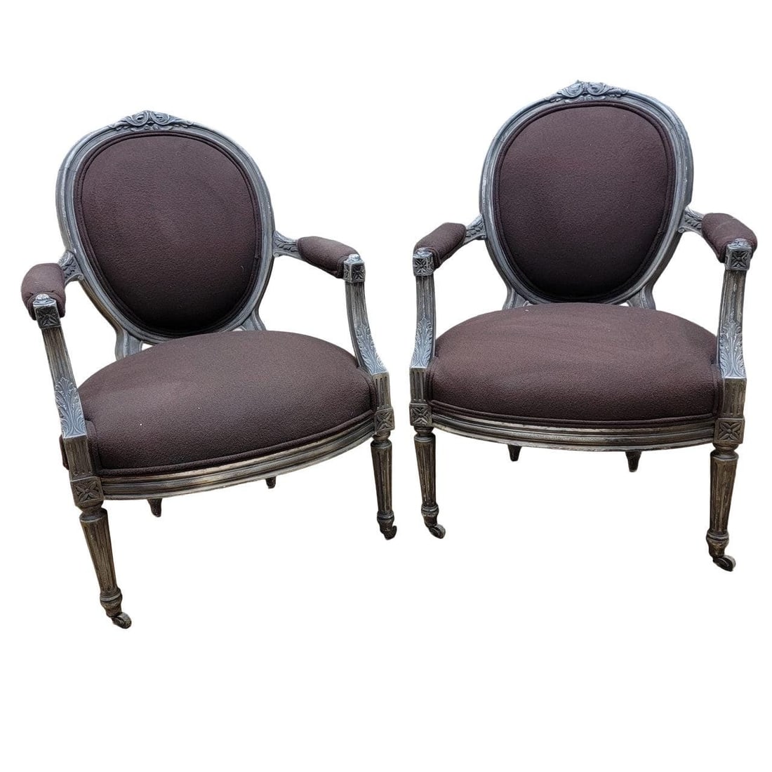 Antique French Louis XVI Style Carved Silver Gilt Framed Fauteuil Chairs - Pair: Title: Antique French Louis XVI Style Carved Silver Gilt Framed Fauteuil Chairs - Pair Description: Antique French Louis XVI Style Hand Carved Silver Gilt Framed Fauteuil Armchairs - Pair Antique