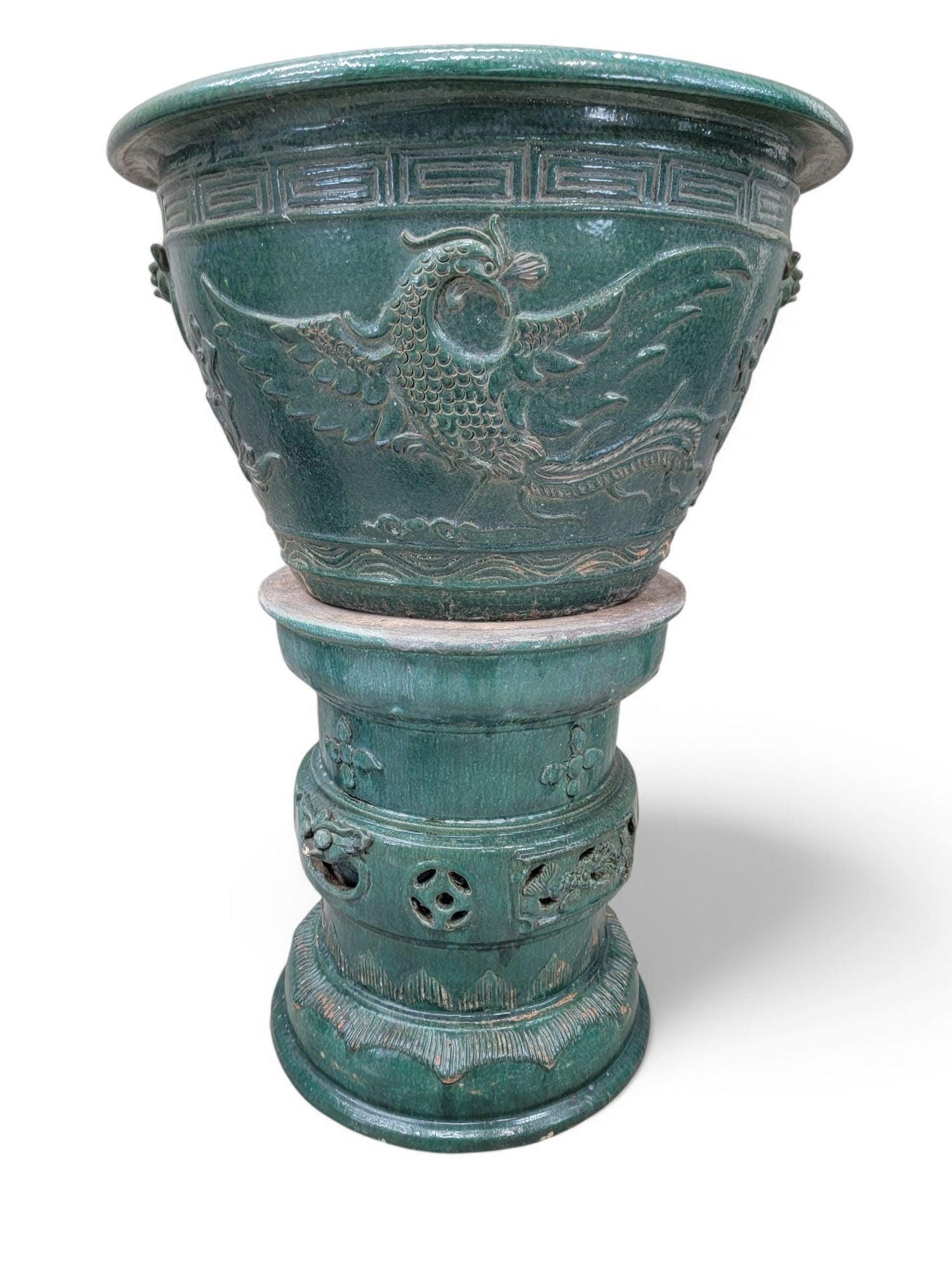 Antique Green Glazed Planter Pot Vase from Guangdong Province with Stand (1 of 2)
