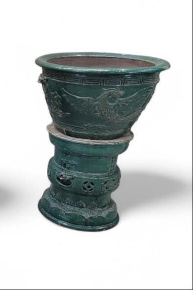 Antique Green Glazed Planter Pot Vase from Guangdong Province with Stand - 2