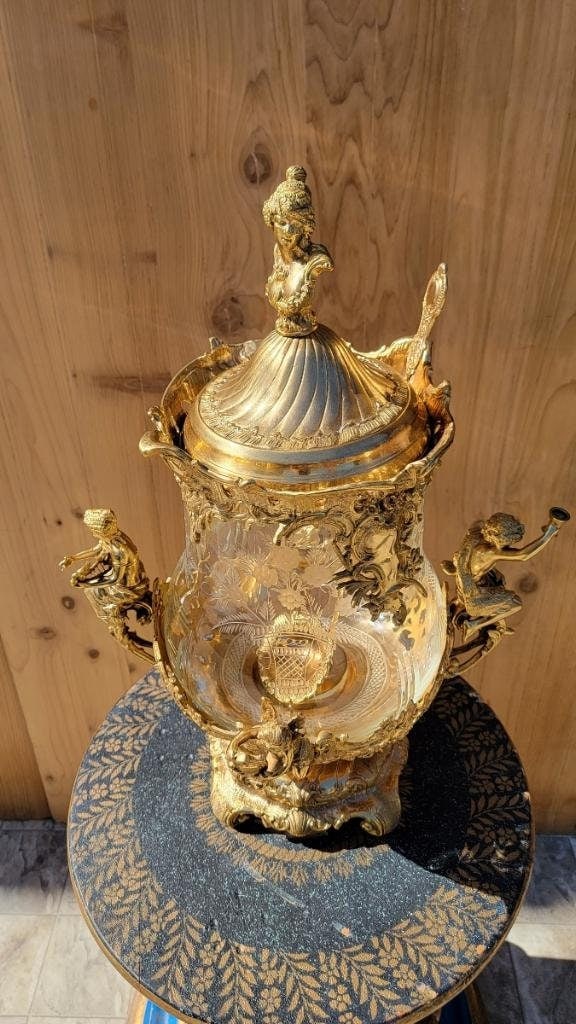 Antique French Gilt Bronze Ormolu Mounted Crystal Punch Bowl and Ladle - 5