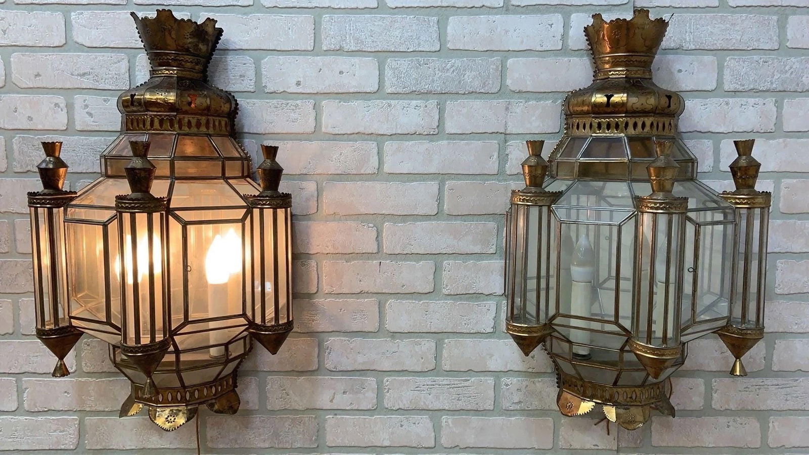 Vintage Spanish Brass with Leaded Glass Exterior/Interior Lighting Sconce - Pair - 2