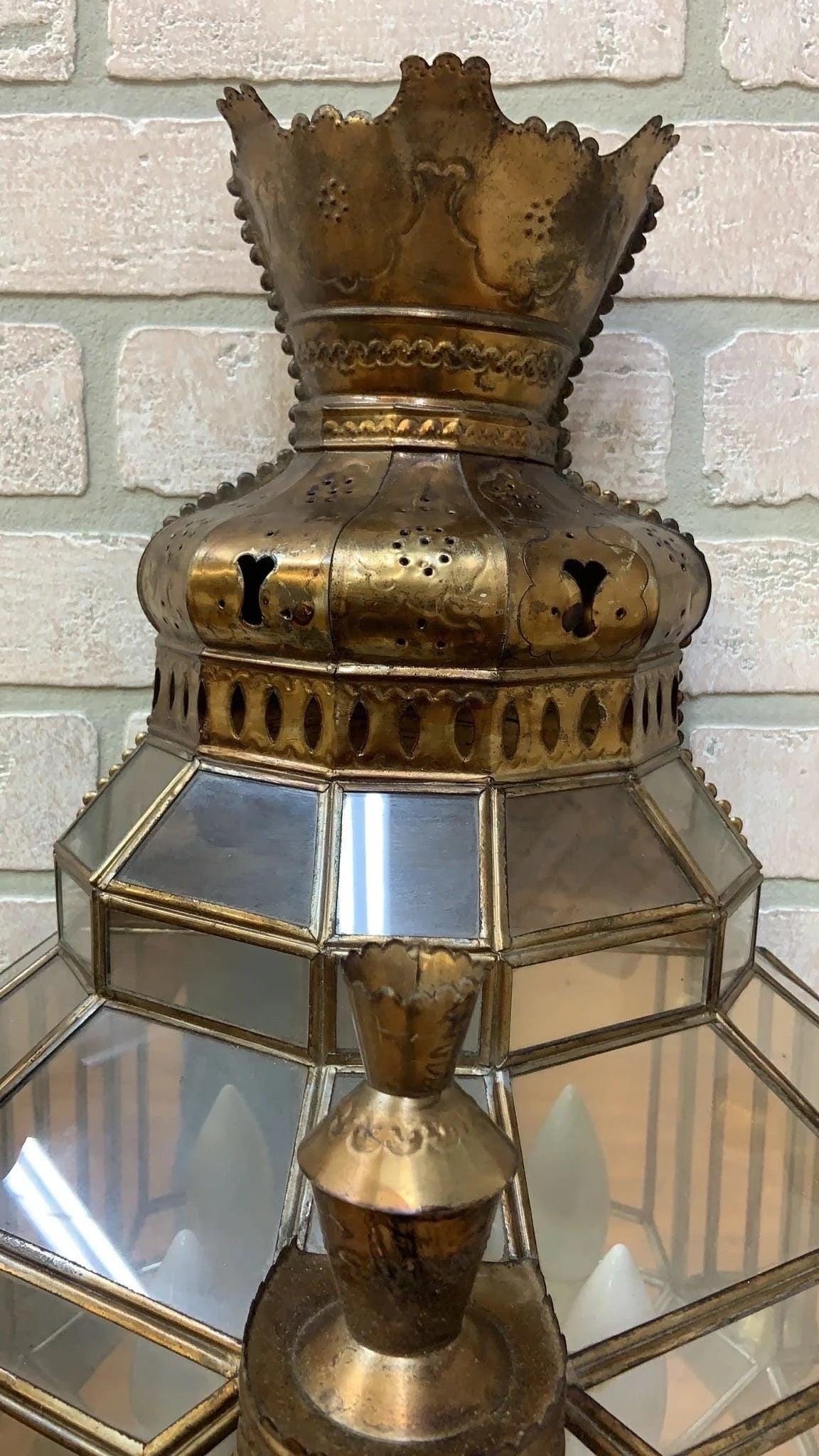 Vintage Spanish Brass with Leaded Glass Exterior/Interior Lighting Sconce - Pair - 5