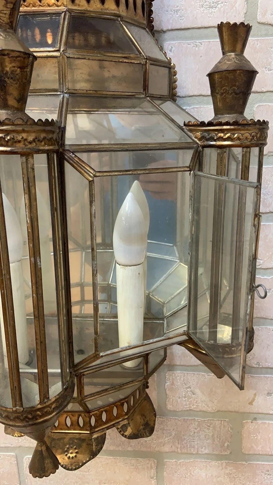 Vintage Spanish Brass with Leaded Glass Exterior/Interior Lighting Sconce - Pair - 6