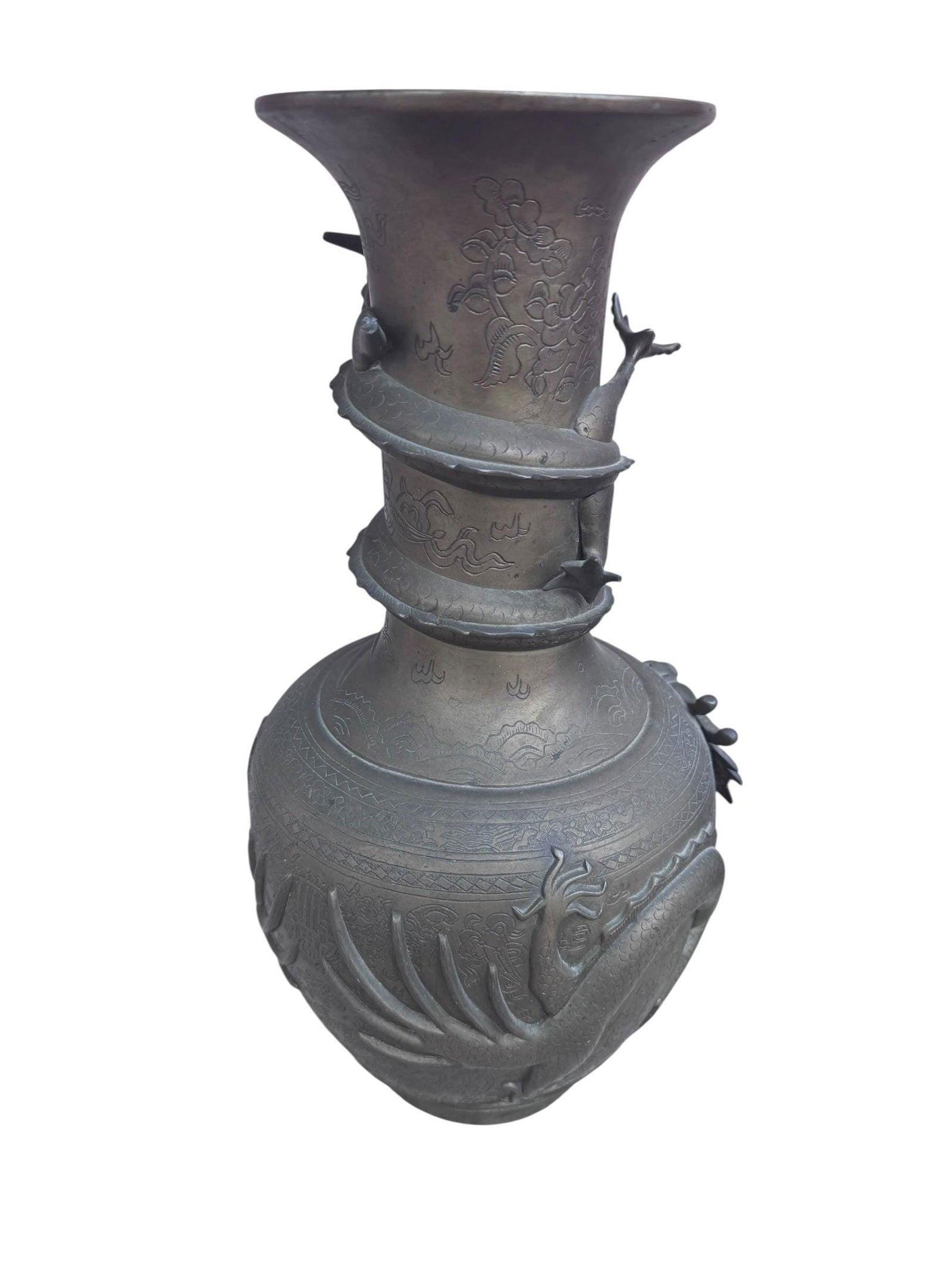 Antique Signed Asian Bronze Dragon Vase - Pair - 2