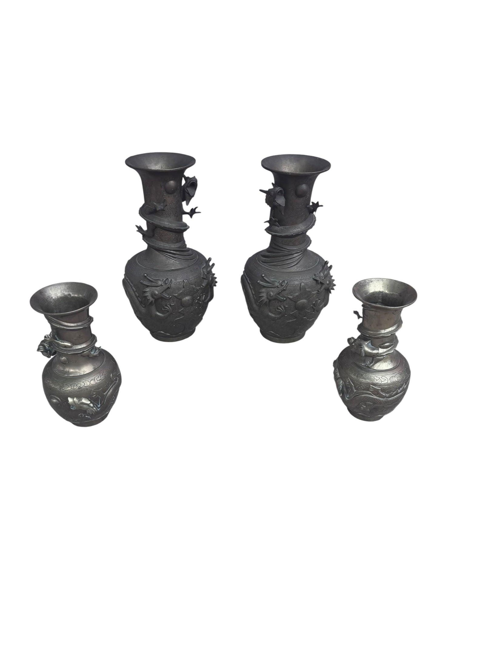 Antique Signed Asian Bronze Dragon Vase - Pair - 7