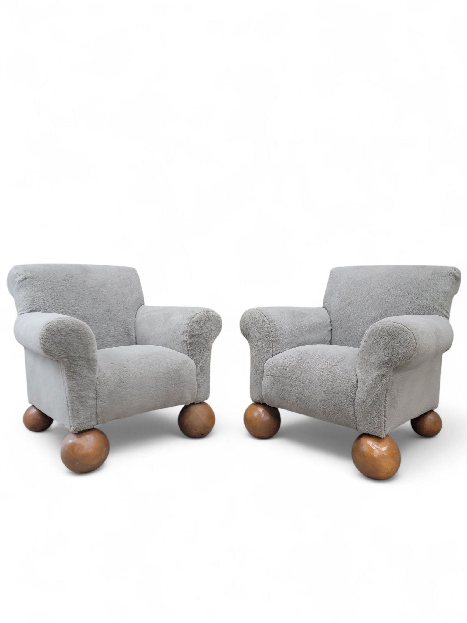 Vintage Oversized Teddy Bear Club Chairs on Teak Ball Feet Newly Reupholstered in Taupe Shearling -: Title: Vintage Oversized Teddy Bear Club Chairs on Teak Ball Feet Newly Reupholstered in Taupe Shearling - Pair Description: Vintage Set of Oversized Custom Teak Shere Foot Teddy Bear Club Chairs