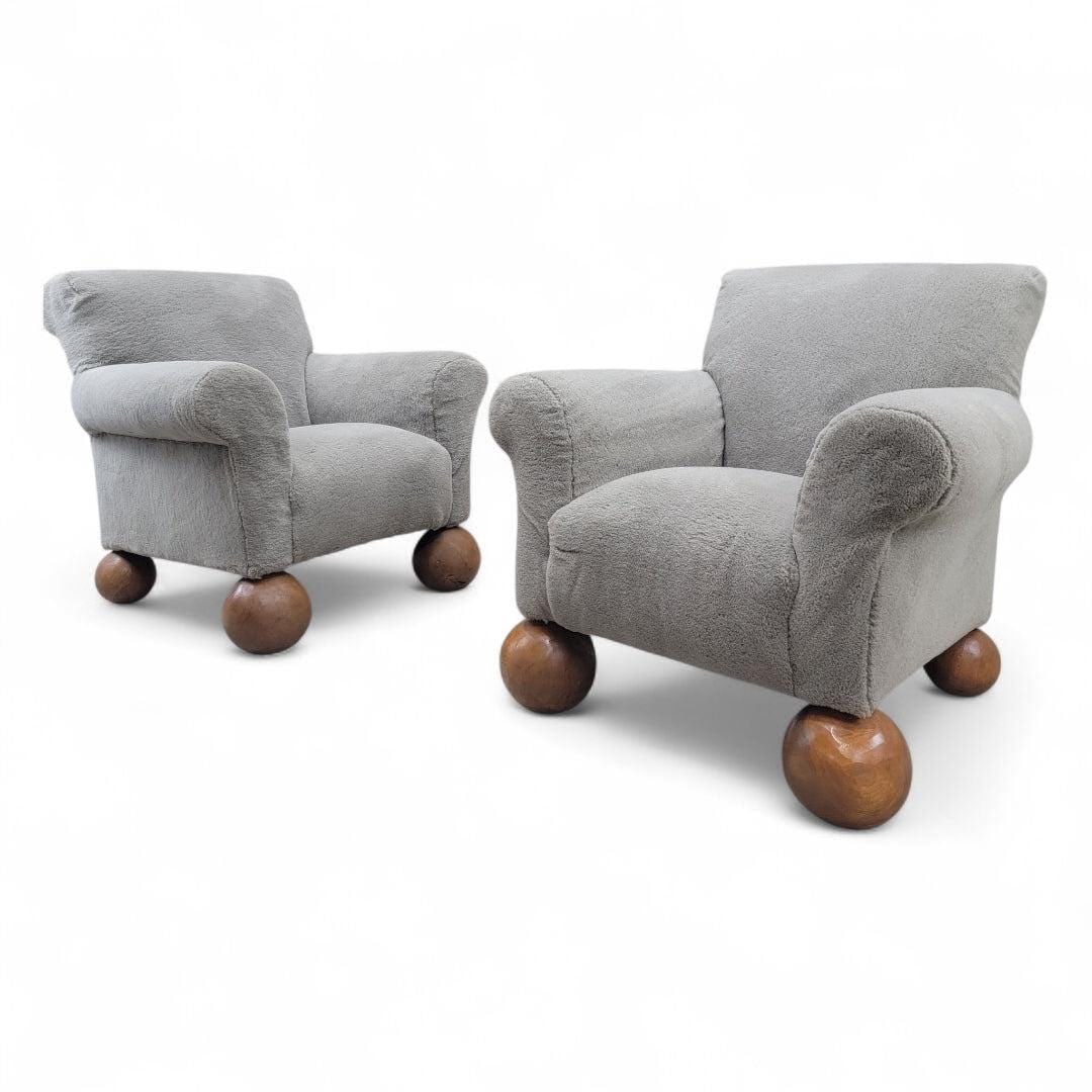 Vintage Oversized Teddy Bear Club Chairs on Teak Ball Feet Newly Reupholstered in Taupe Shearling - - 2