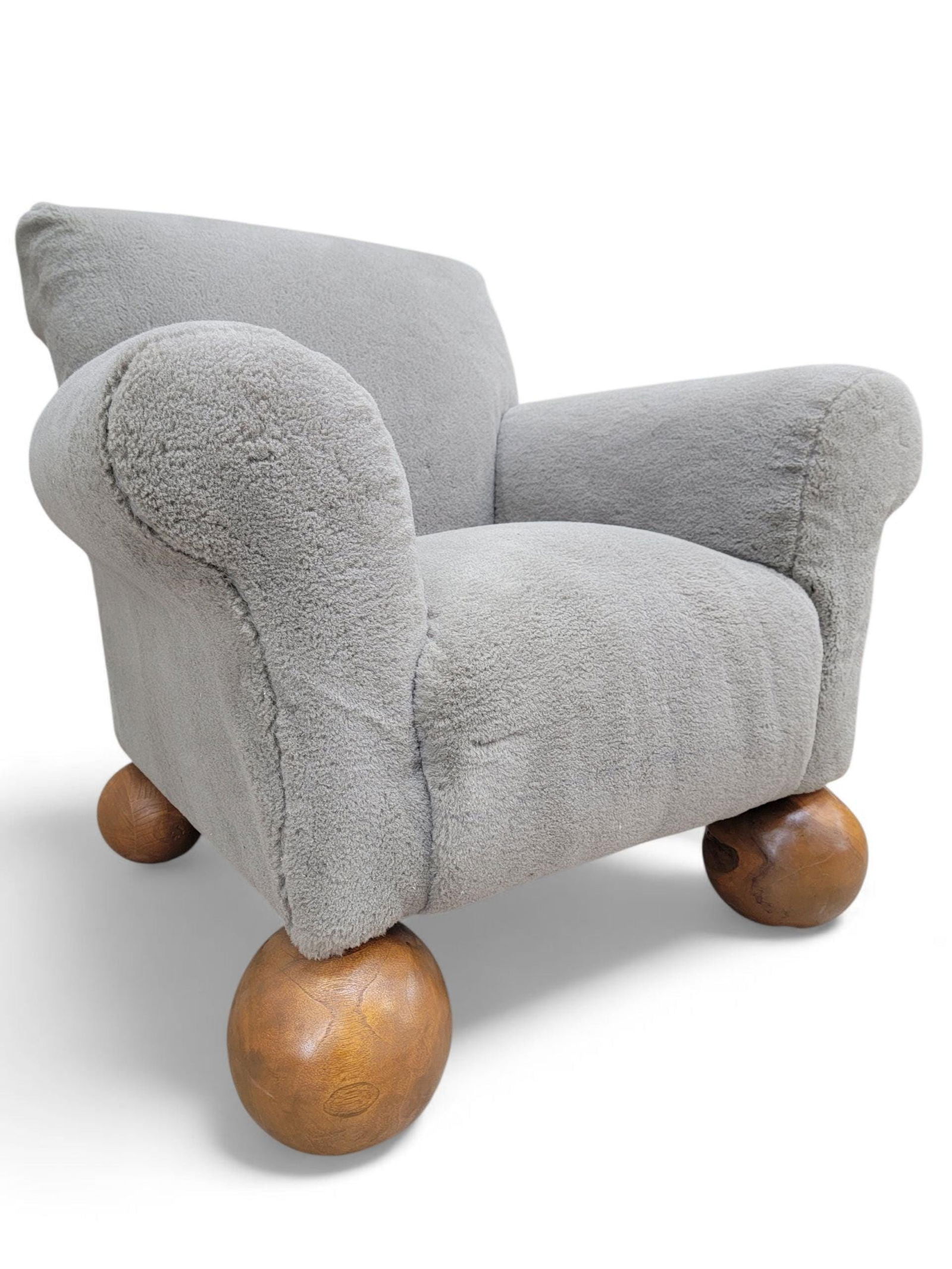 Vintage Oversized Teddy Bear Club Chairs on Teak Ball Feet Newly Reupholstered in Taupe Shearling - - 3