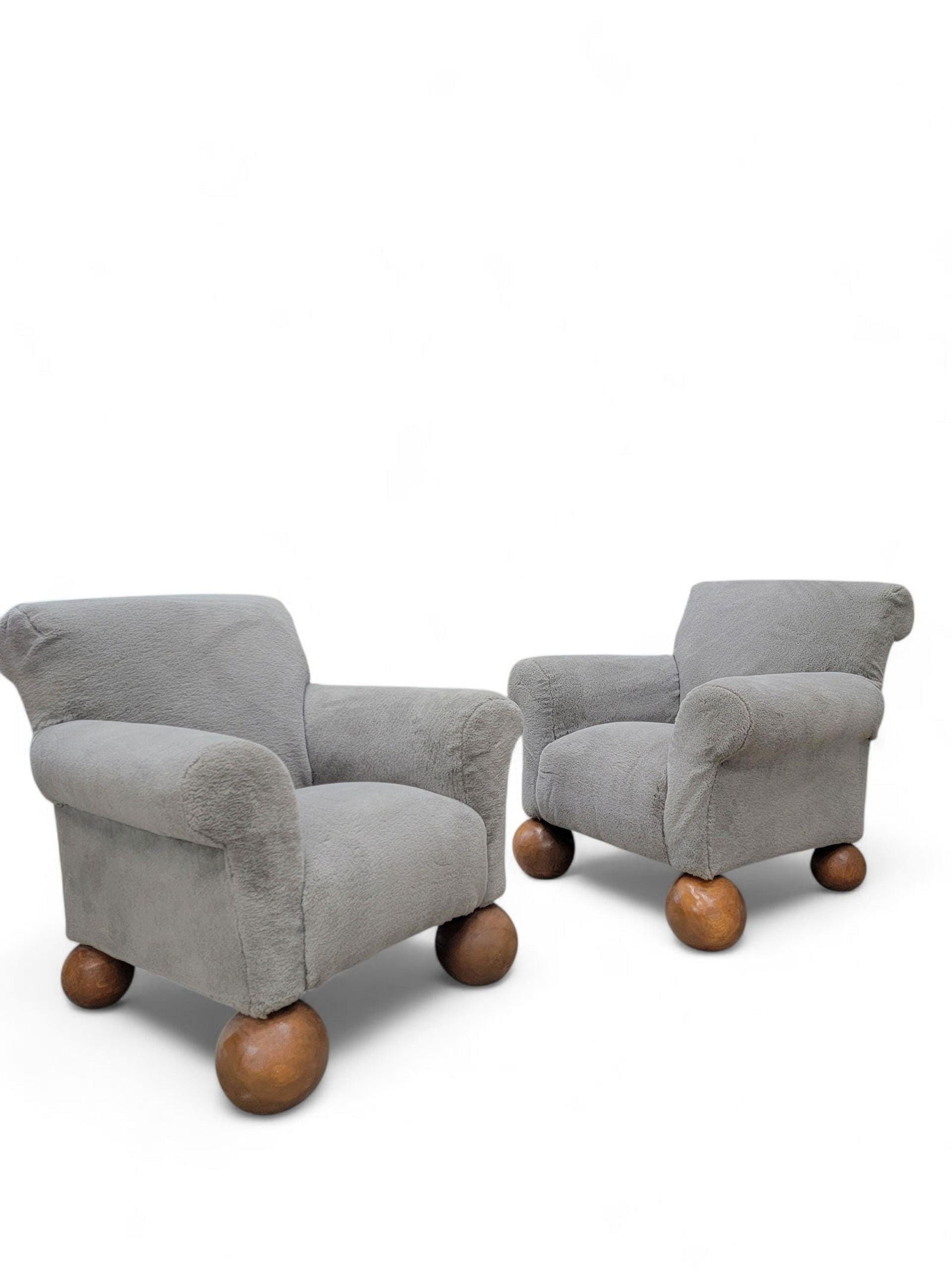 Vintage Oversized Teddy Bear Club Chairs on Teak Ball Feet Newly Reupholstered in Taupe Shearling - - 4