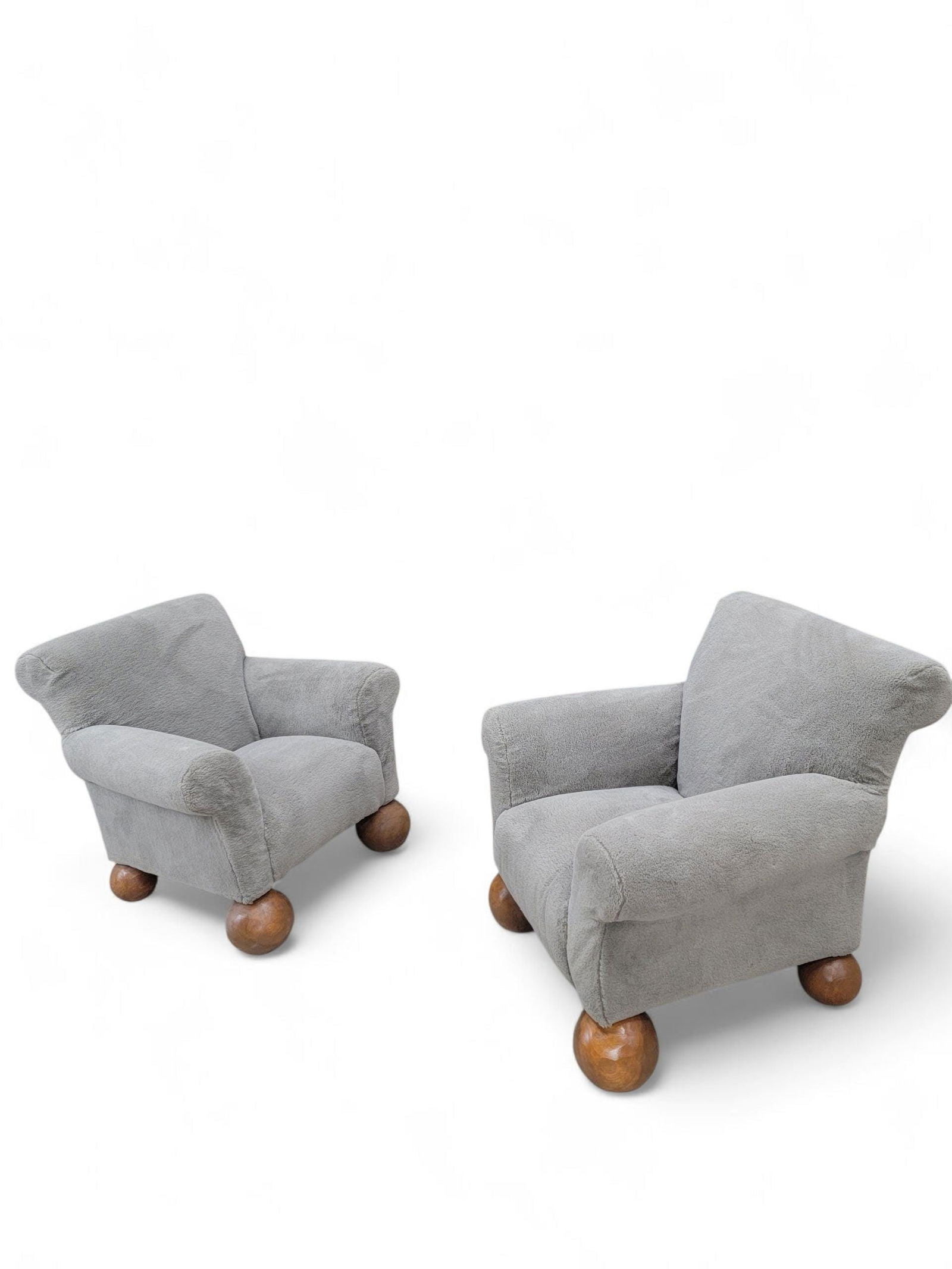 Vintage Oversized Teddy Bear Club Chairs on Teak Ball Feet Newly Reupholstered in Taupe Shearling - - 5