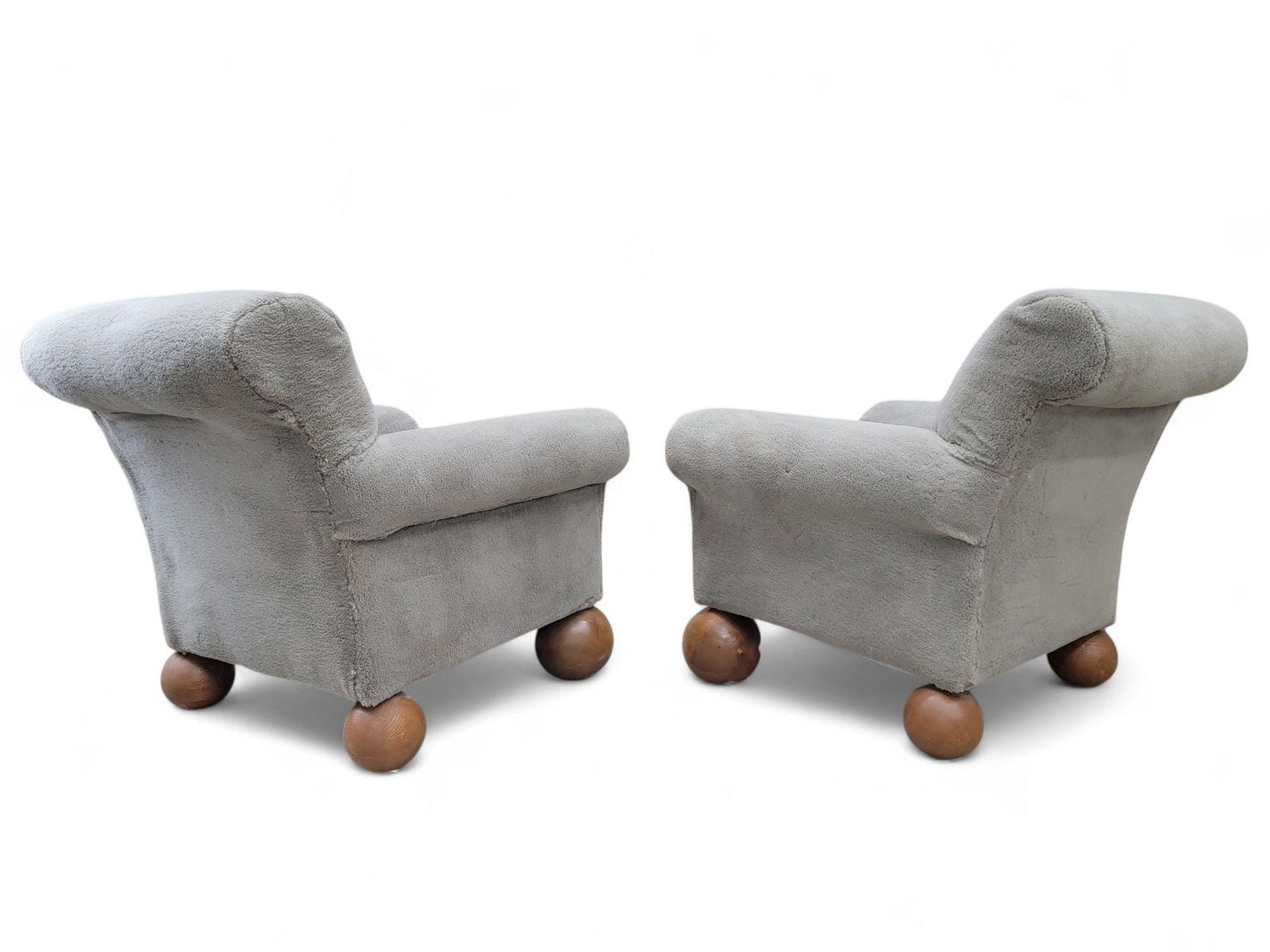 Vintage Oversized Teddy Bear Club Chairs on Teak Ball Feet Newly Reupholstered in Taupe Shearling - - 6