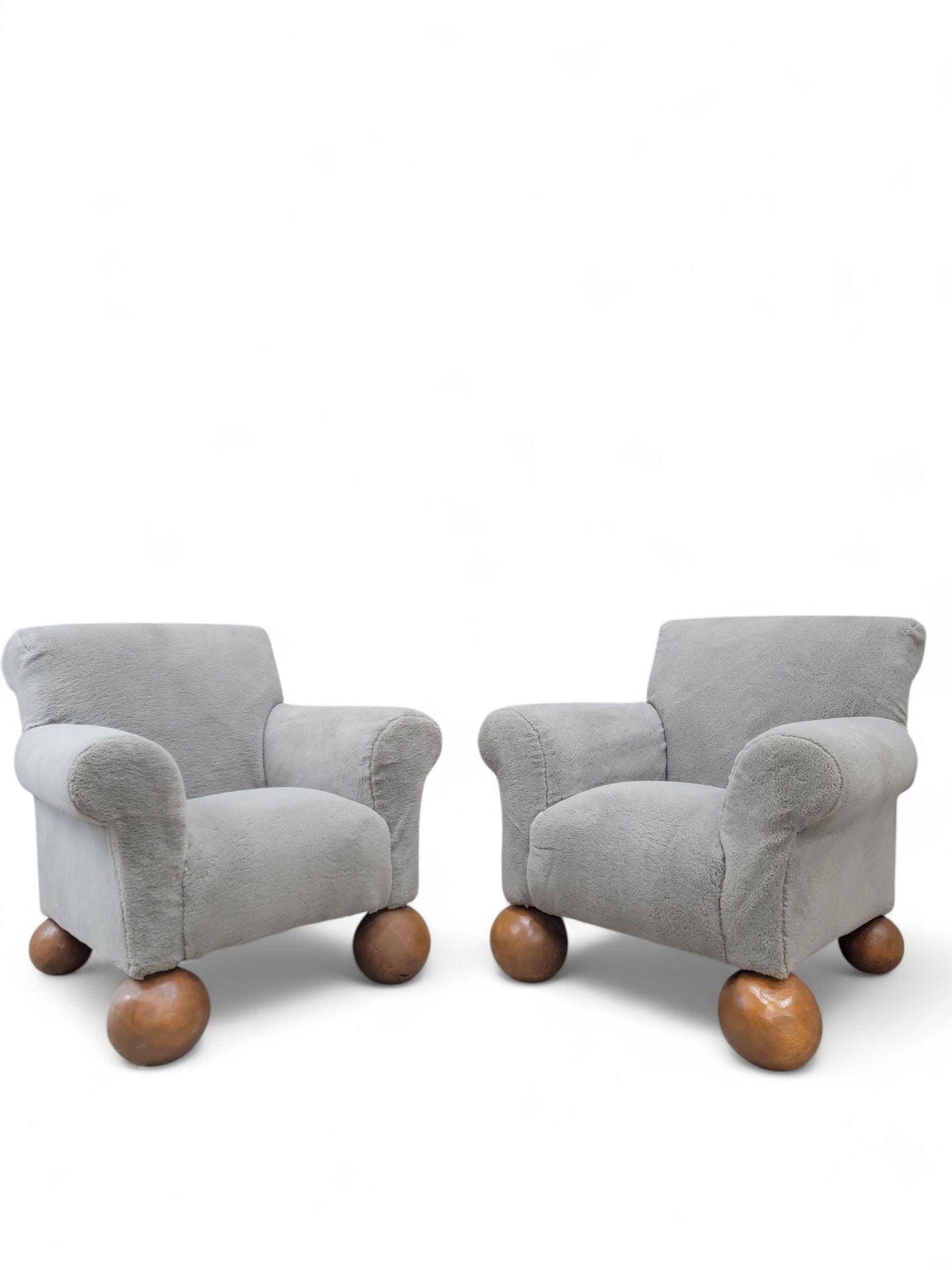 Vintage Oversized Teddy Bear Club Chairs on Teak Ball Feet Newly Reupholstered in Taupe Shearling - - 7