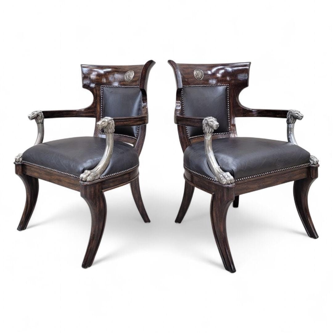 Vintage George IV English Regency Styled Leather Armchairs with Metal Lion Head Arms: Title: Vintage George IV English Regency Styled Leather Armchairs with Metal Lion Head Arms Description: Vintage George IV English Regency Styled Black Leather Armchairs with Metal Lion Head Arms and