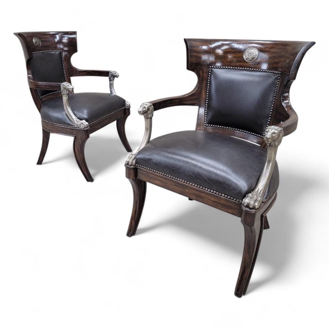 Vintage George IV English Regency Styled Leather Armchairs with Metal Lion Head Arms - 3