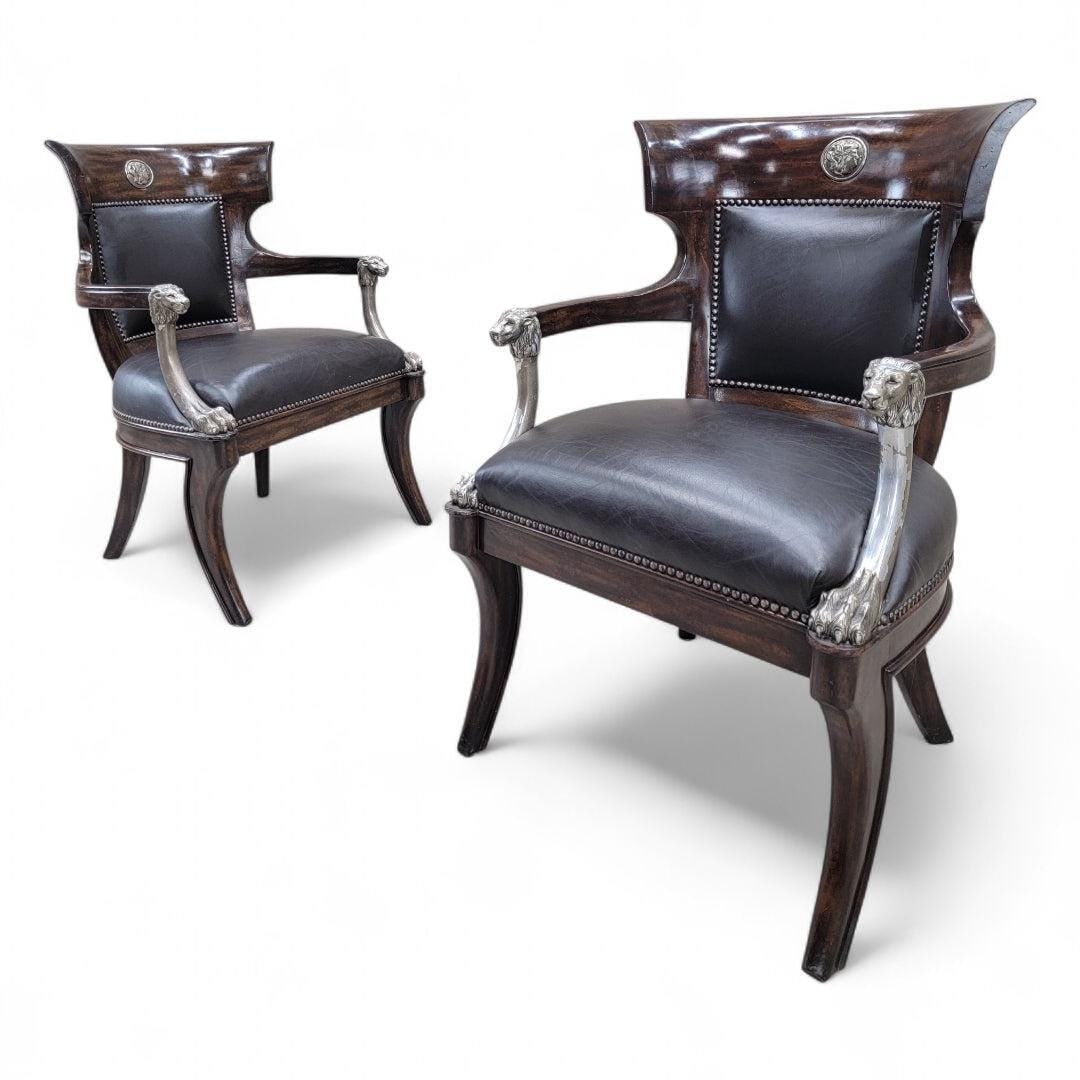 Vintage George IV English Regency Styled Leather Armchairs with Metal Lion Head Arms - 4