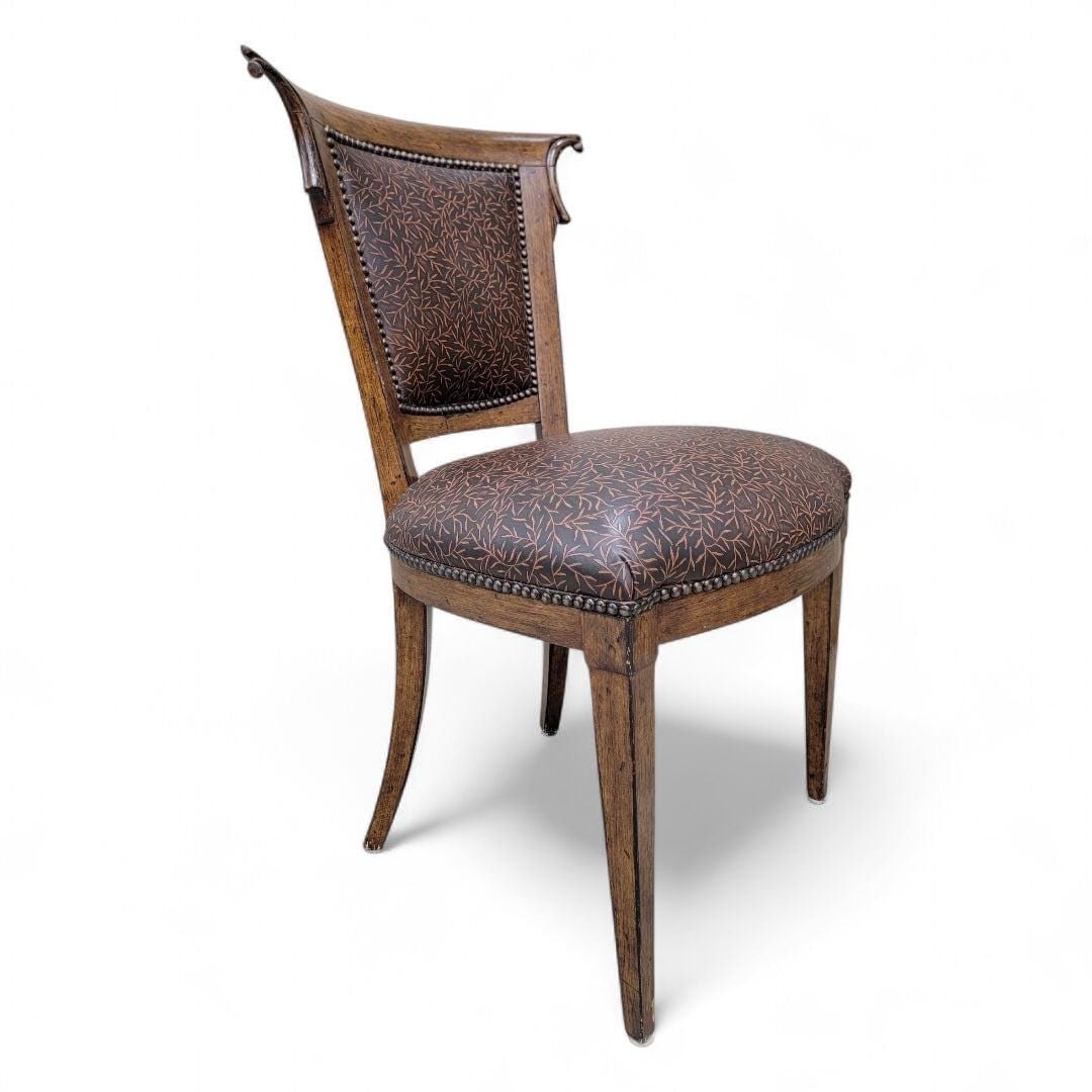 Vintage English Regency Style Ash Wood Dining Chairs in a Patterned Brown Leather with Nail Heads - - 2