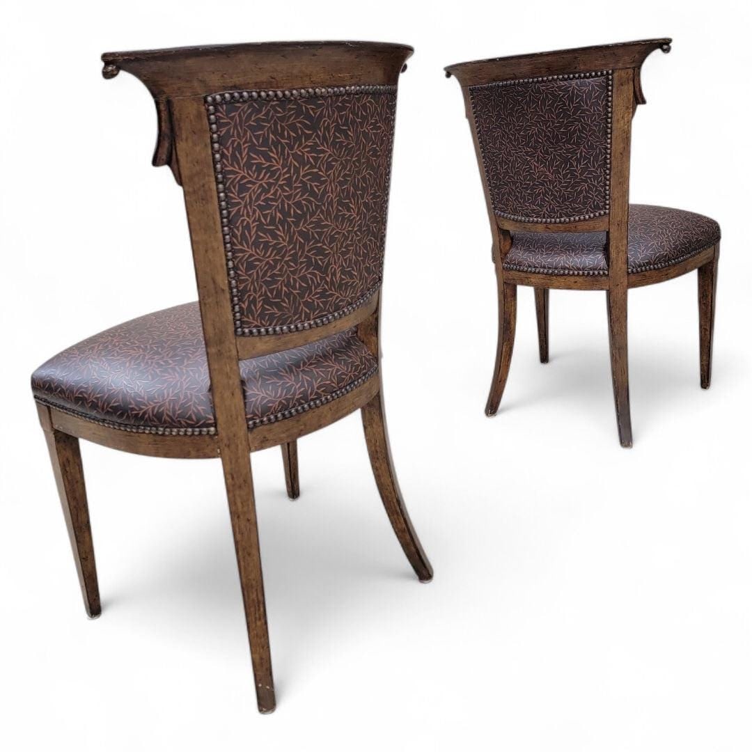 Vintage English Regency Style Ash Wood Dining Chairs in a Patterned Brown Leather with Nail Heads - - 3