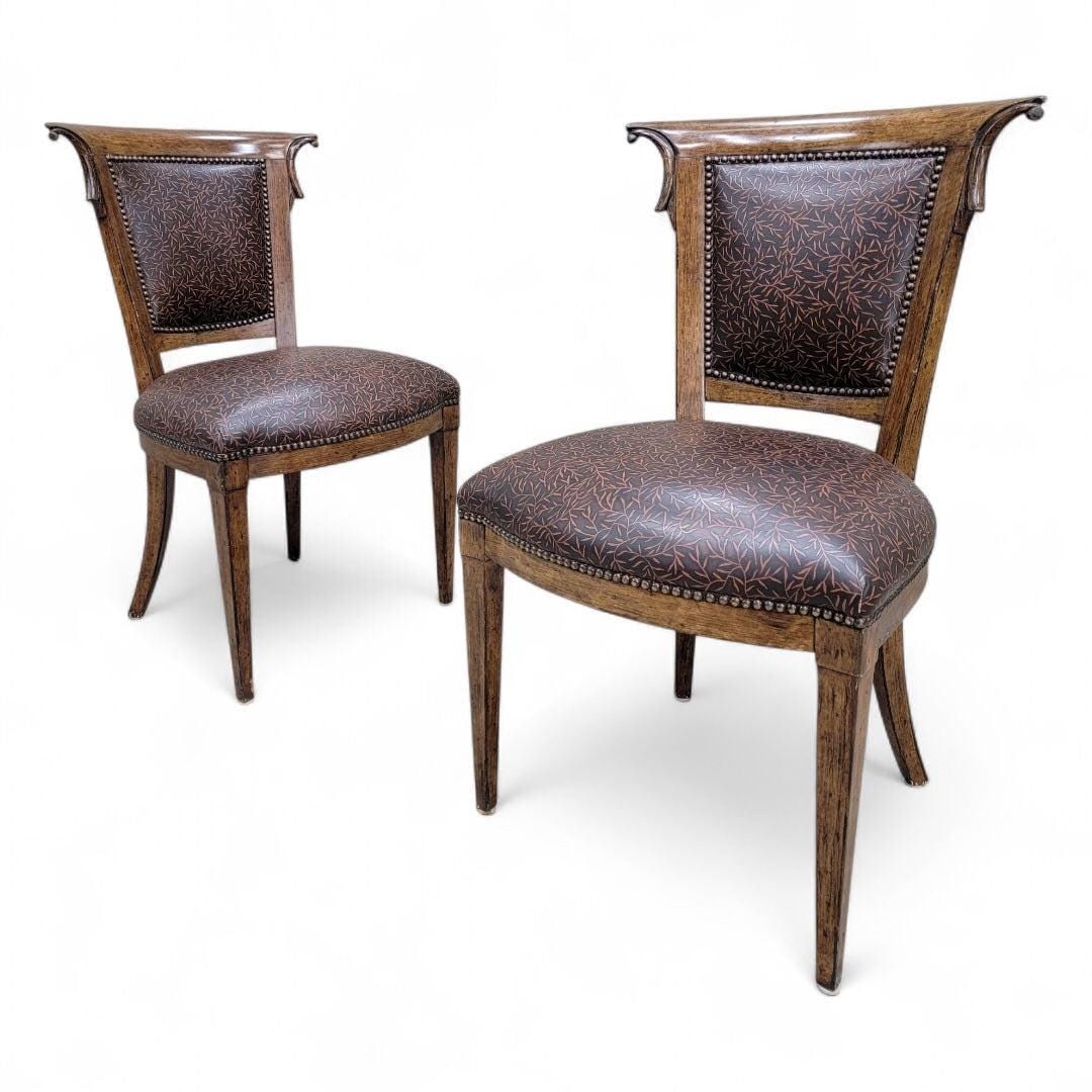 Vintage English Regency Style Ash Wood Dining Chairs in a Patterned Brown Leather with Nail Heads - - 4