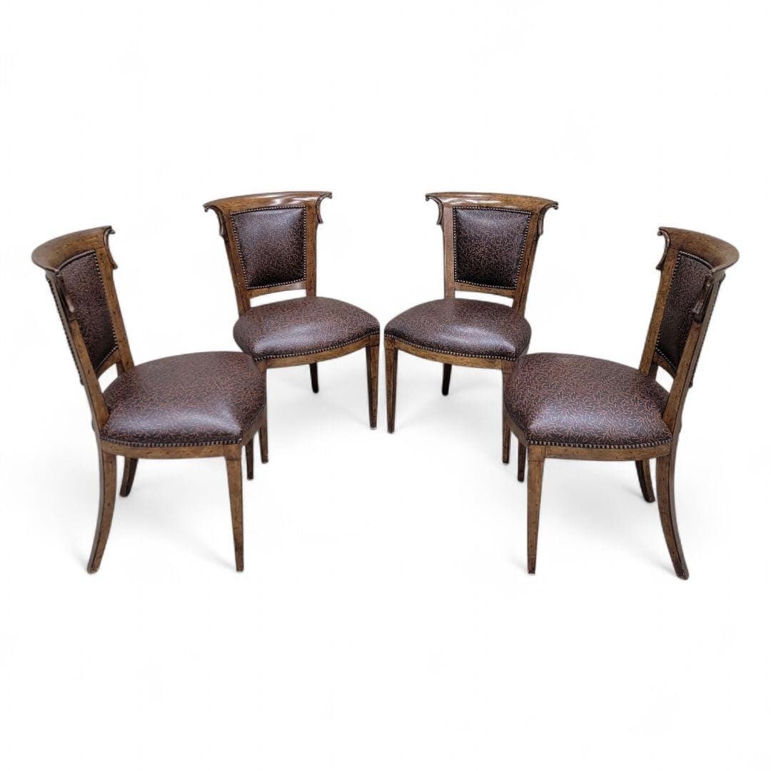 Vintage English Regency Style Ash Wood Dining Chairs in a Patterned Brown Leather with Nail Heads - - 5