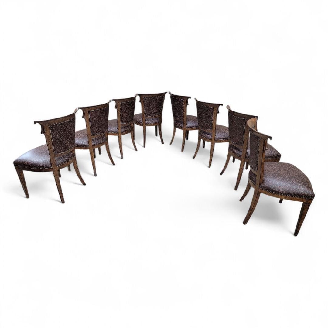 Vintage English Regency Style Ash Wood Dining Chairs in a Patterned Brown Leather with Nail Heads - - 6