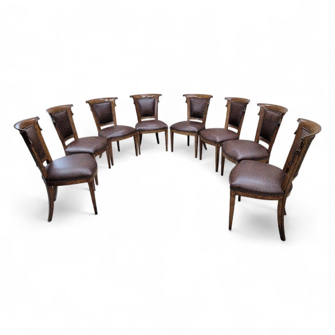 Vintage English Regency Style Ash Wood Dining Chairs in a Patterned Brown Leather with Nail Heads - - 7