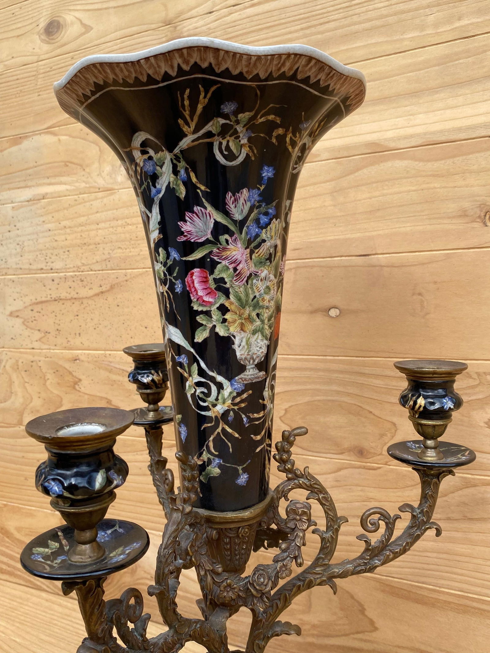 Antique French Porcelain Flower Vase with Brass Candelabra - 6